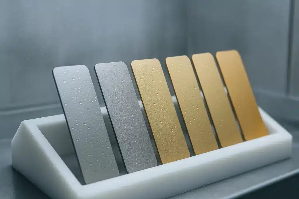 Éprouvettes en alliage d'aluminium anodisé alignées sur un support incliné dans une enceinte d'essai de corrosion