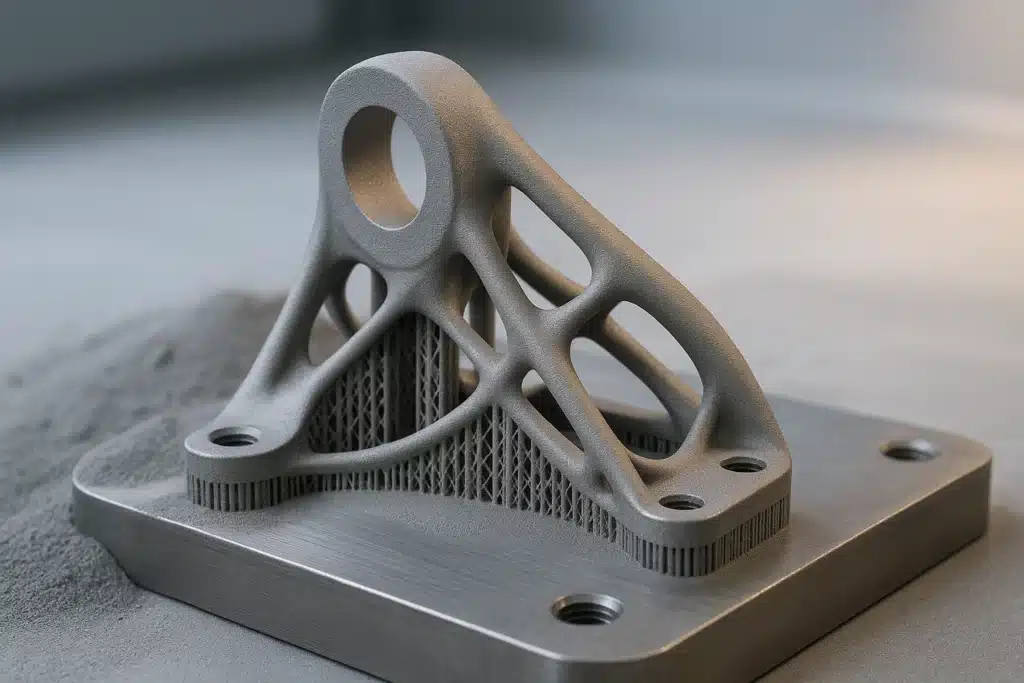 Support aéronautique en titane brut de fabrication additive, encore fixé à son plateau de construction avec ses supports, entouré de poudre métallique