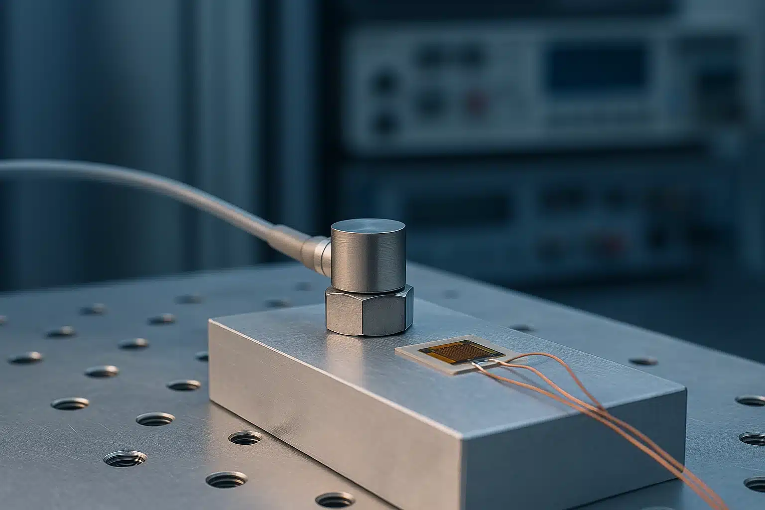 Accéléromètre piézoélectrique et jauge de déformation collée sur un montage d'essai en aluminium, dans un laboratoire d'essais