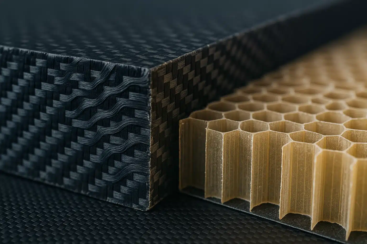 Tranche d'un panneau stratifié en fibre de carbone montrant l'empilement des plis, à côté d'une âme en nid d'abeilles de panneau sandwich