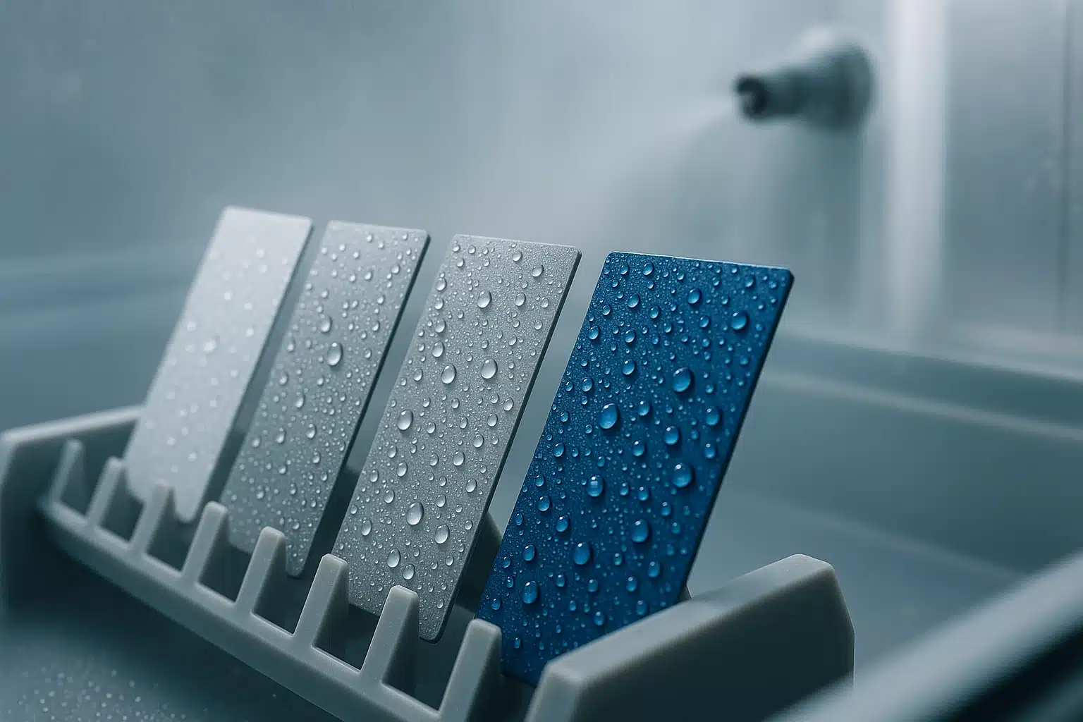 Éprouvettes en aluminium peint inclinées sur un support dans une enceinte de brouillard salin, gouttelettes de solution saline sur les surfaces