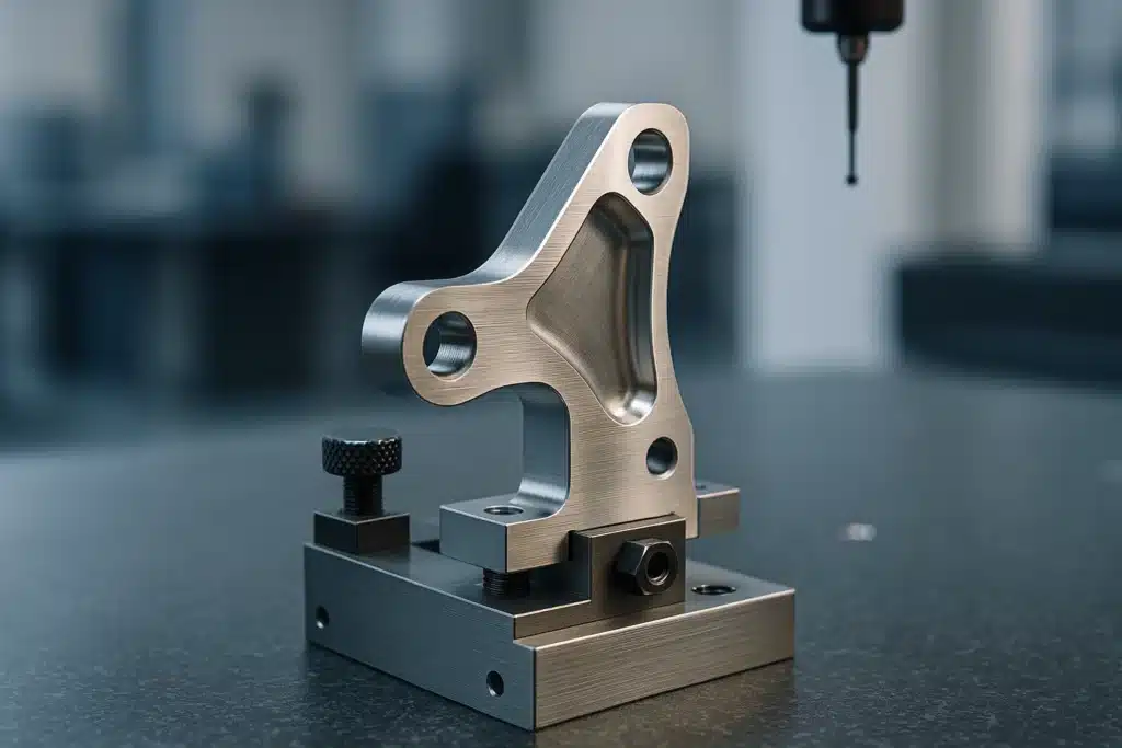 Support aéronautique en titane usiné bridé sur le marbre d'une machine à mesurer tridimensionnelle, en salle de métrologie