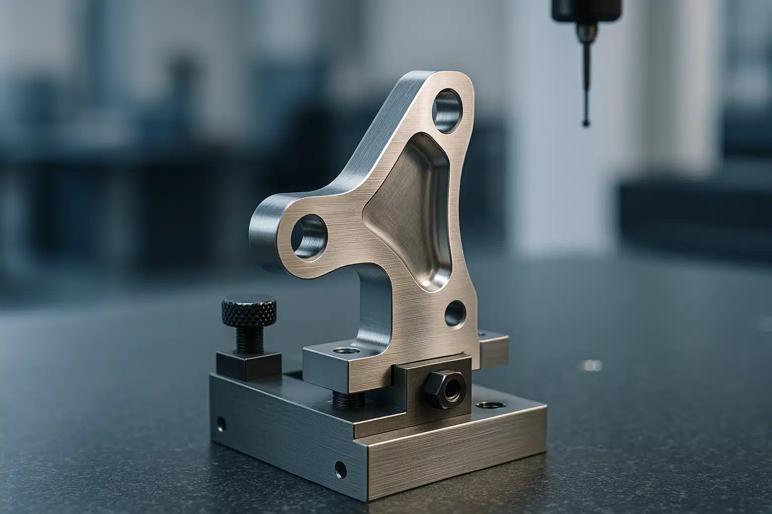 Support aéronautique en titane usiné bridé sur le marbre d'une machine à mesurer tridimensionnelle, en salle de métrologie