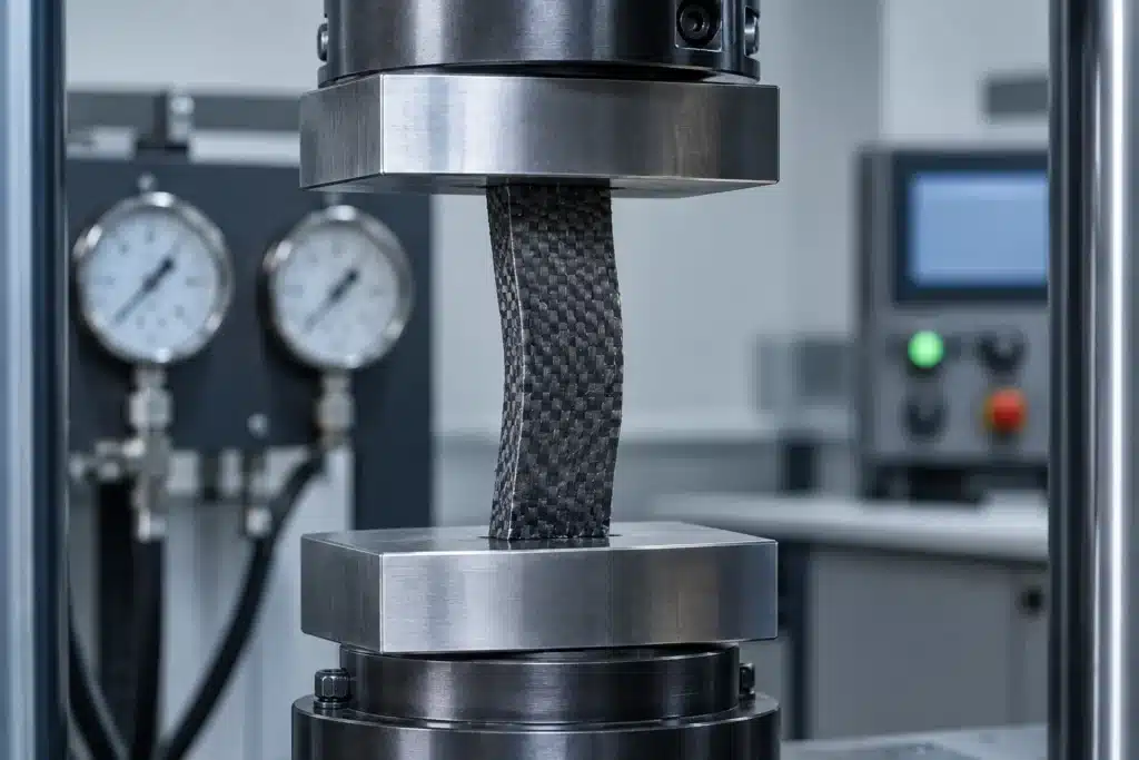Éprouvette en composite serrée dans une machine d'essai de compression en laboratoire.