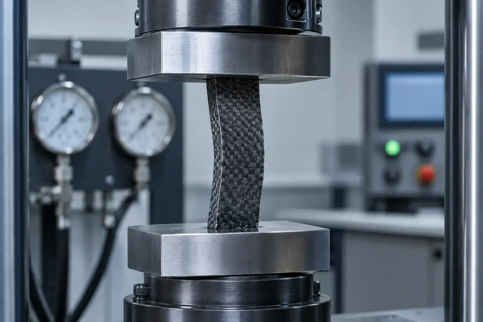 Éprouvette en composite serrée dans une machine d'essai de compression en laboratoire.
