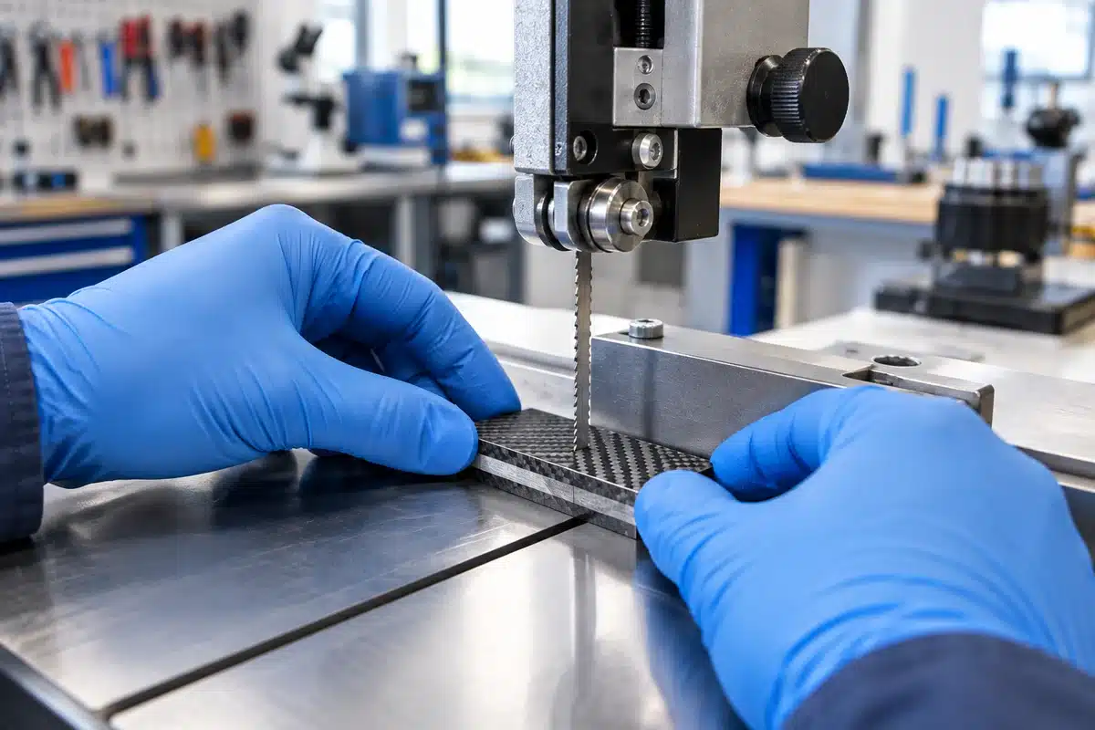 Préparation d'une éprouvette en composite pour un essai de compression en atelier.