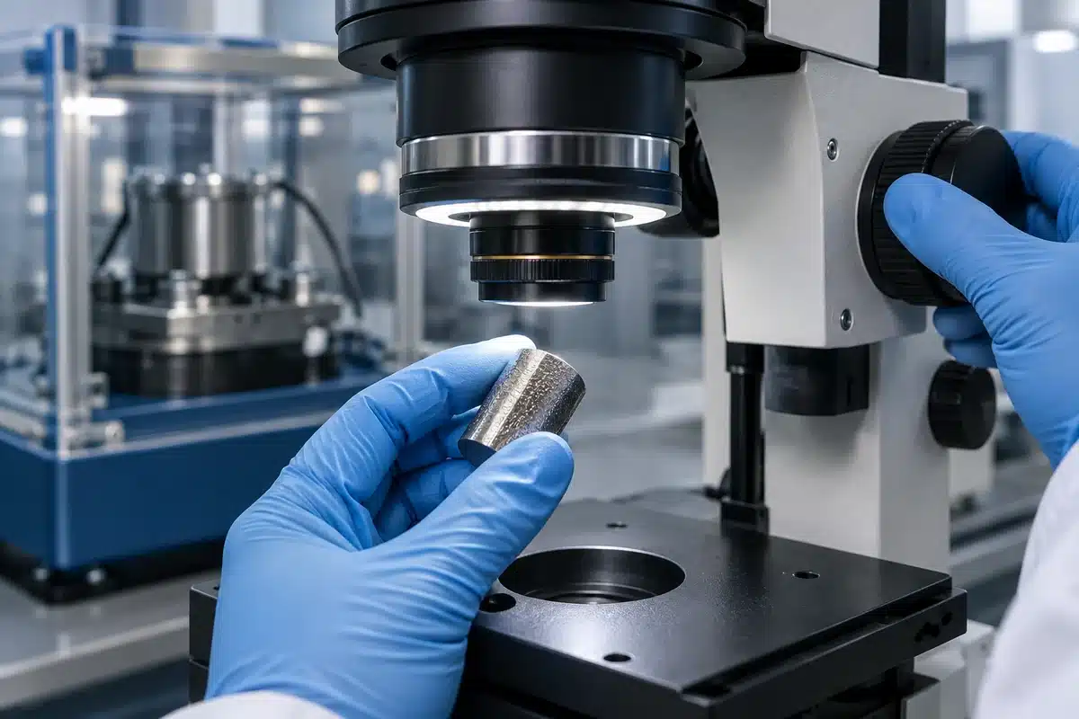 Main gantée examinant un échantillon métallique sous microscope dans un atelier d'essais aéronautiques.