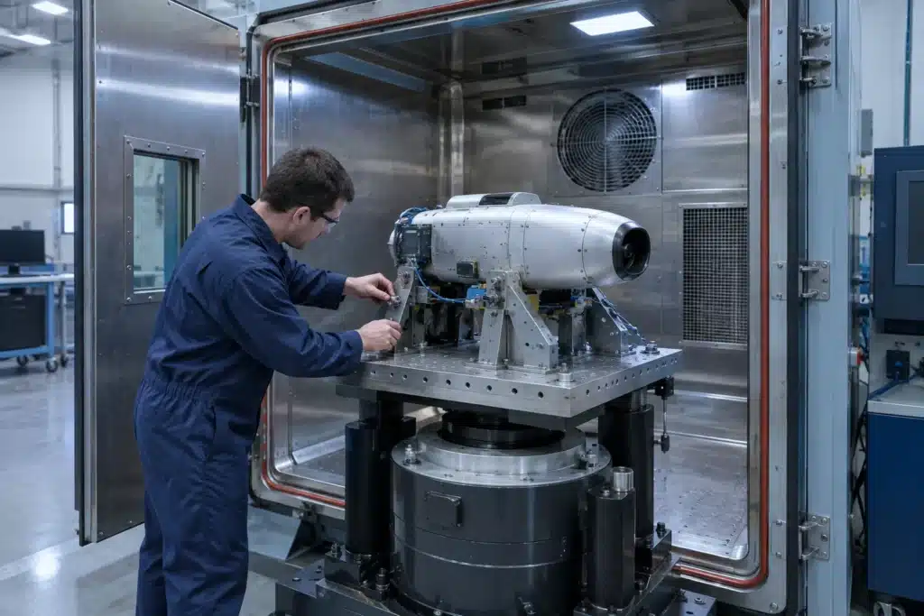 Un composant aéronautique fixé sur un vibrateur dans une enceinte climatique, observé par un ingénieur en laboratoire.