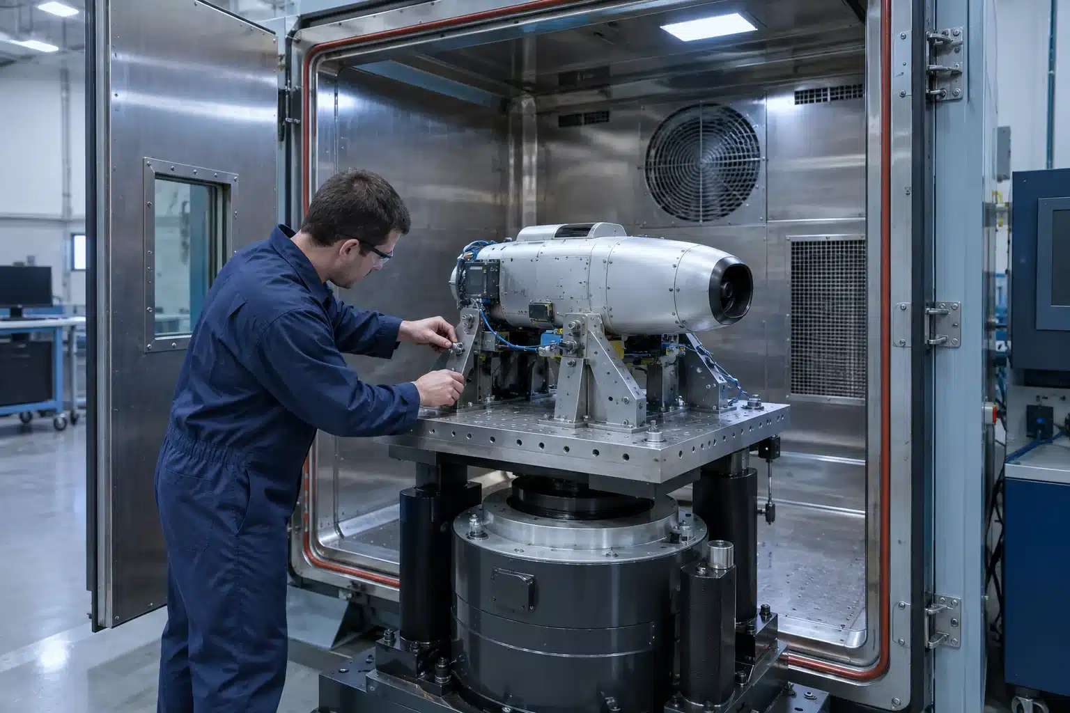 Un composant aéronautique fixé sur un vibrateur dans une enceinte climatique, observé par un ingénieur en laboratoire.