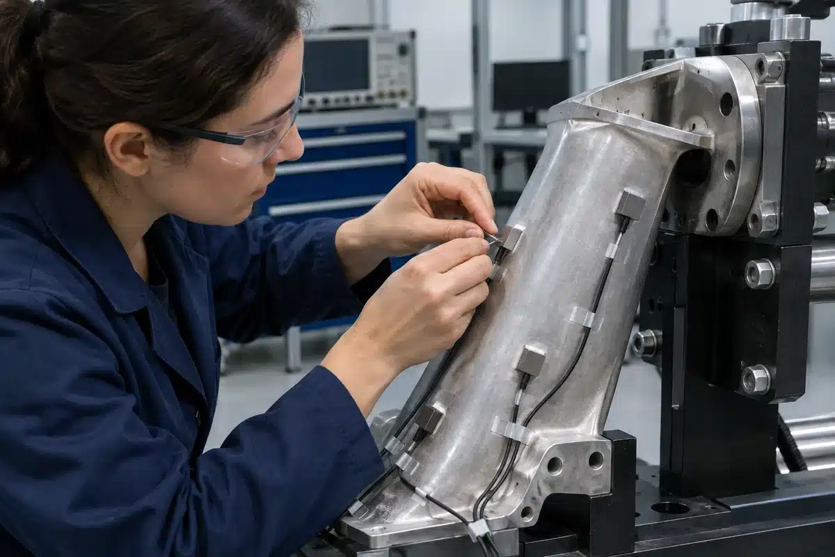Un ingénieur fixe des capteurs sur une pièce aéronautique montée sur un banc d’essai, en laboratoire.