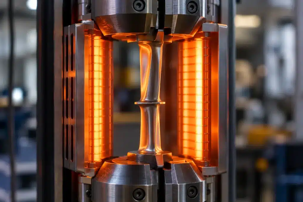 Pièce aéronautique en alliage soumise à un essai mécanique sous haute température en laboratoire.