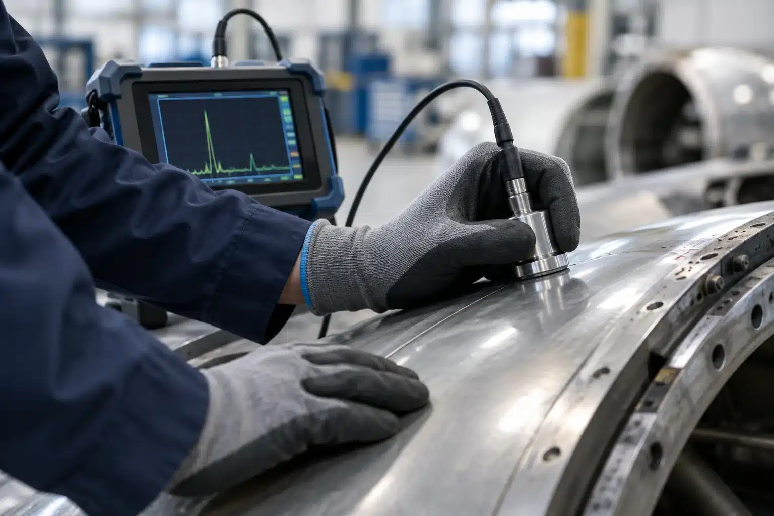 Technicien appliquant une sonde à ultrasons sur une pièce métallique d'aéronef en atelier industriel.