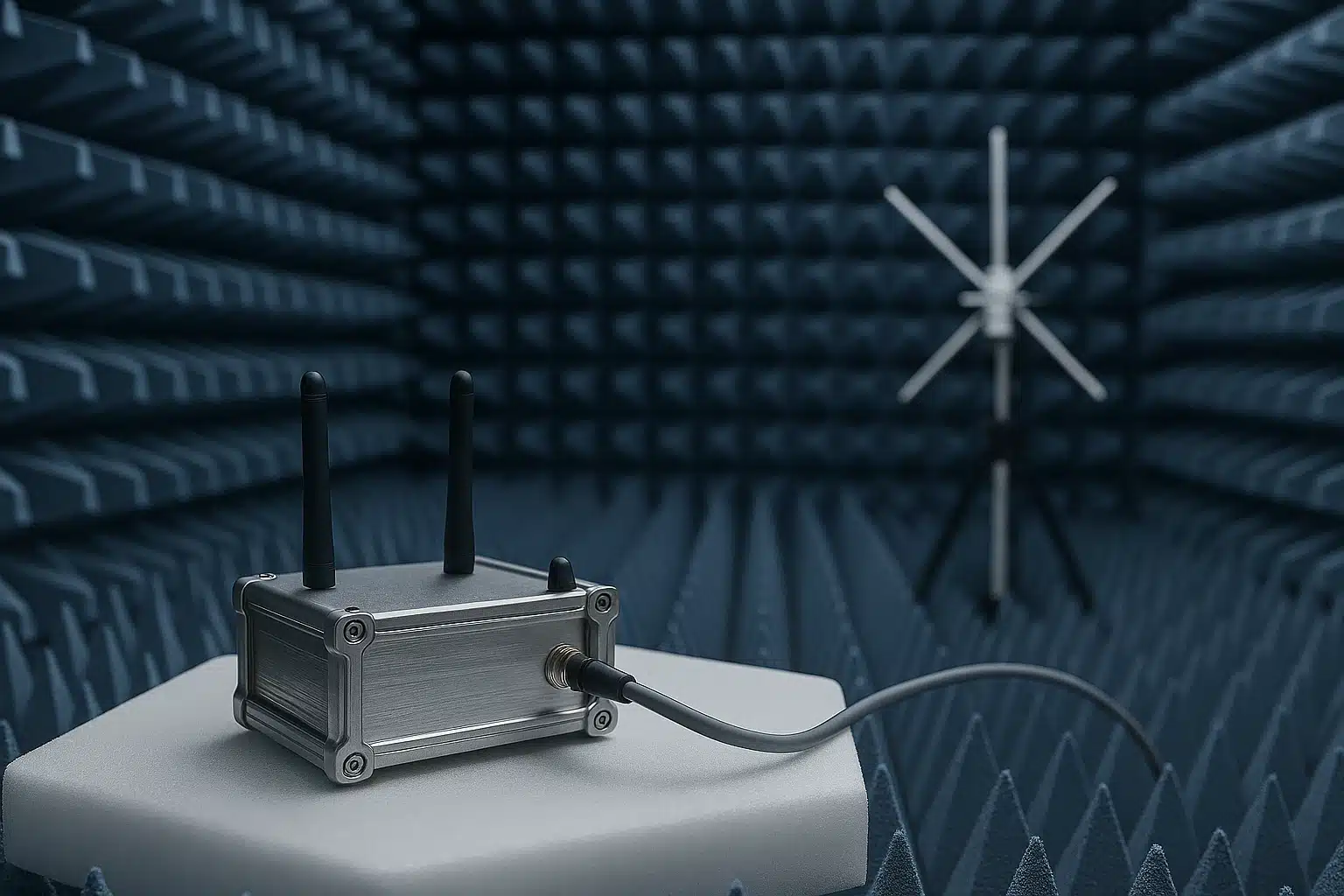 Boîtier électronique muni de deux antennes posé sur une table isolante dans une chambre anéchoïque tapissée d'absorbants
