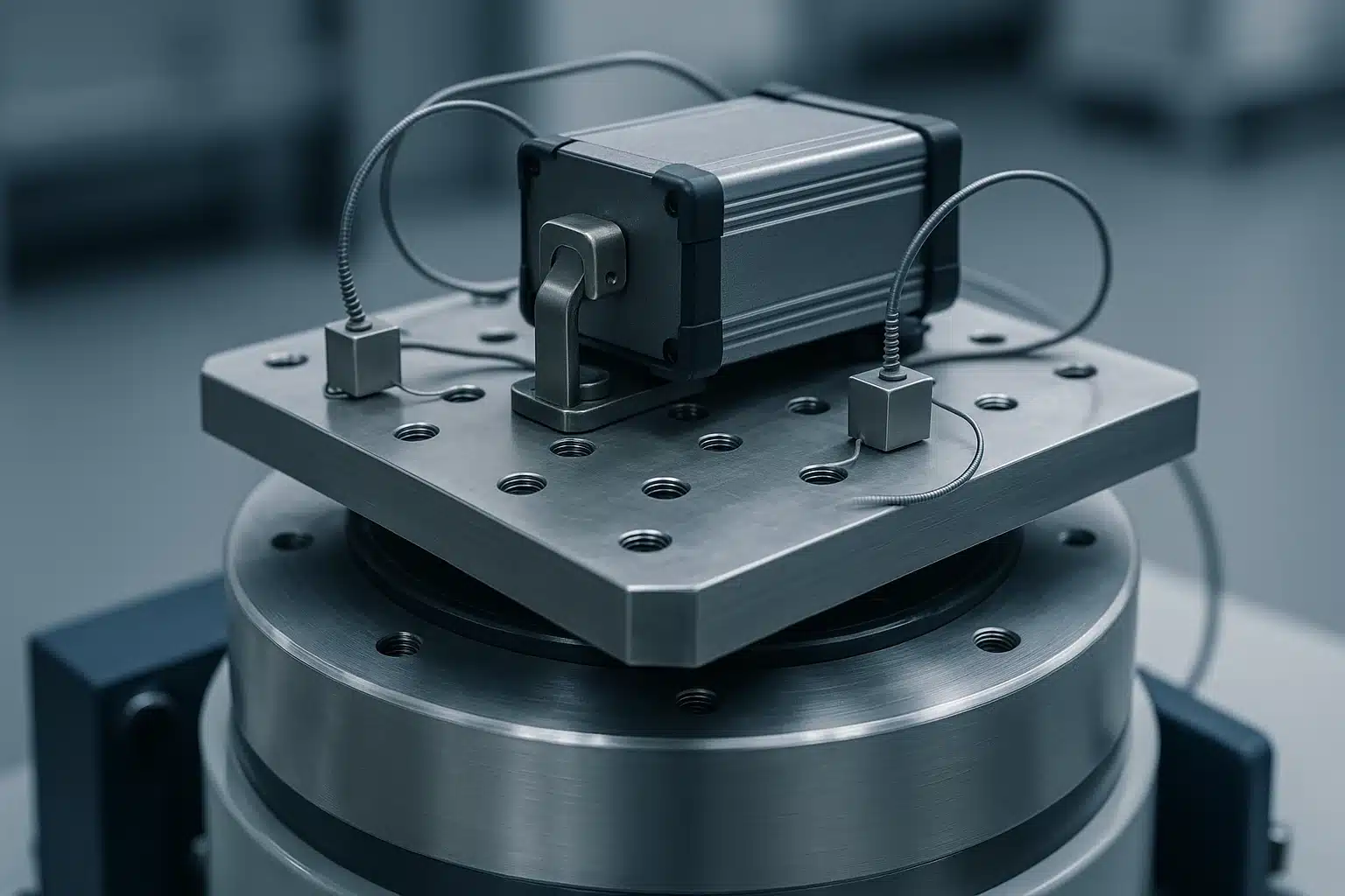 Boîtier électronique compact fixé sur l'outillage d'un pot vibrant électrodynamique, instrumenté d'accéléromètres