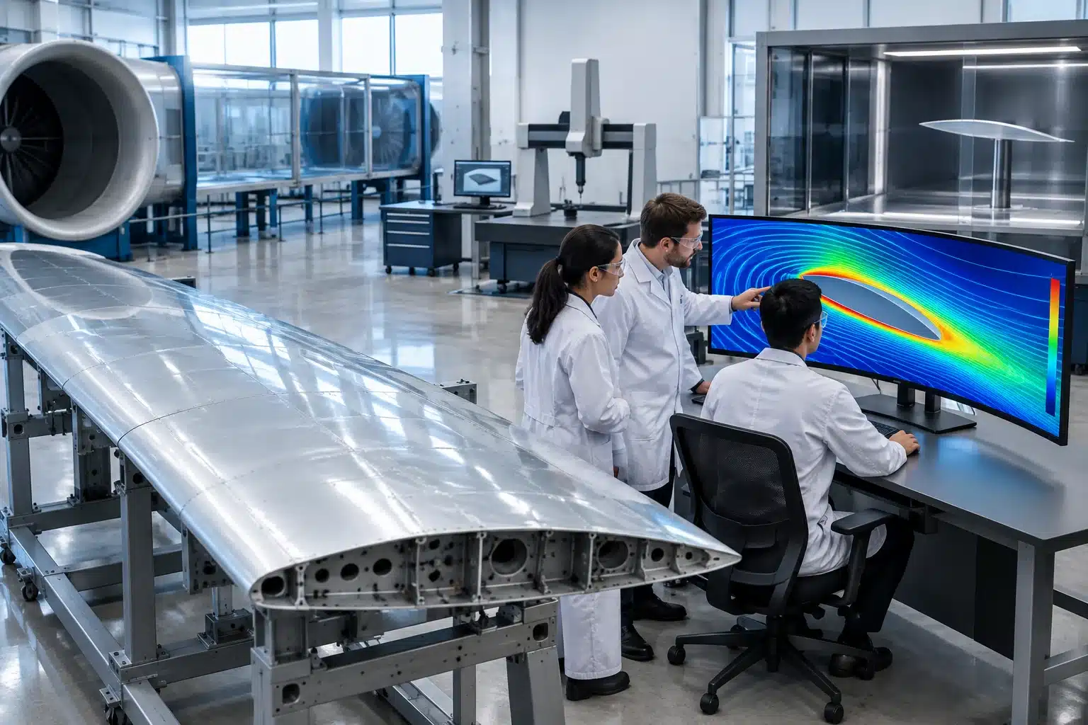 Ingénieurs analysant une simulation numérique de flux d'air autour d'une aile d'avion en atelier aéronautique.