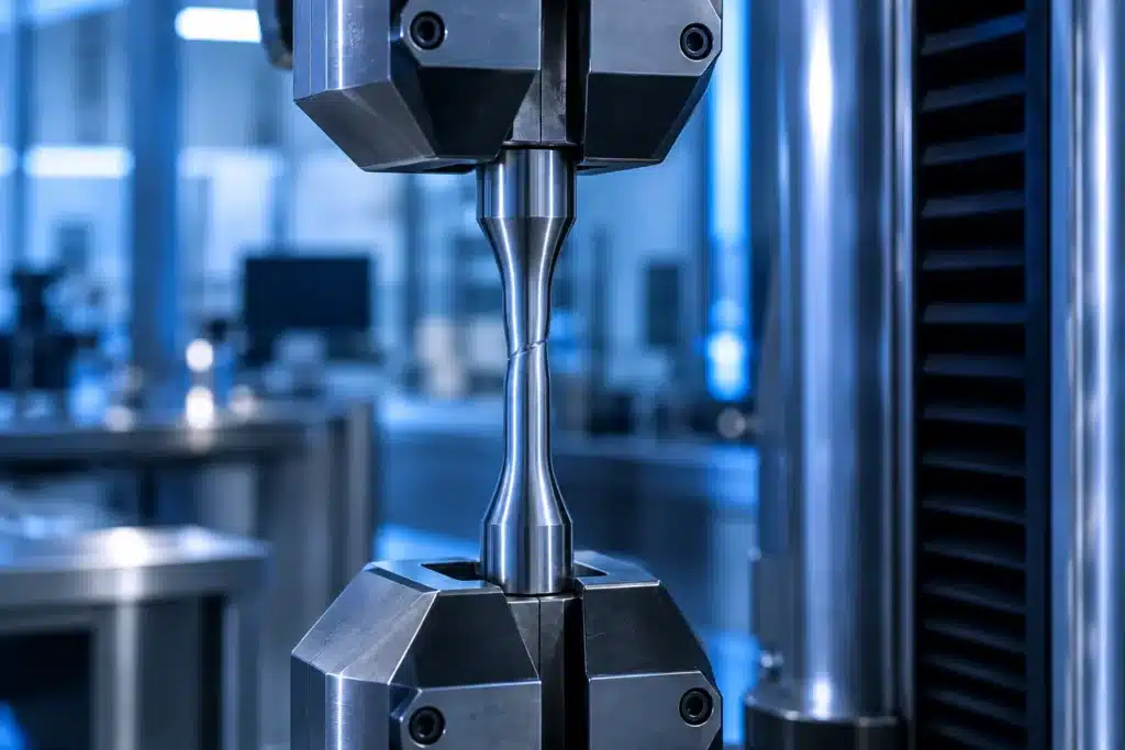 Éprouvette métallique en traction dans une machine d'essai mécanique en laboratoire.