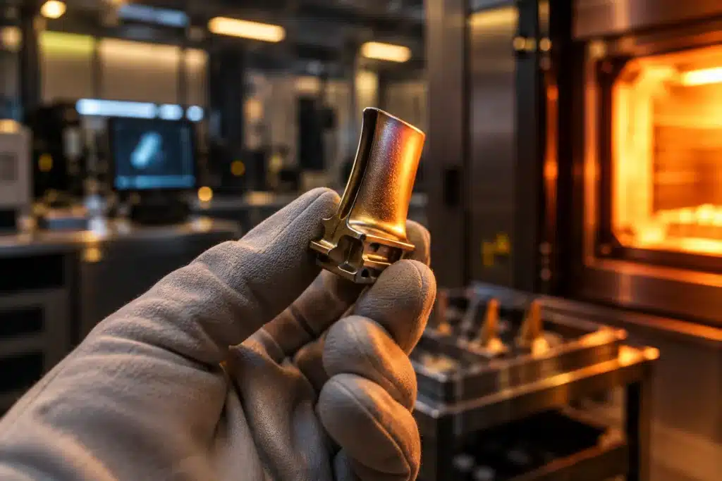 Main métallique tenant une pièce aéronautique chauffée dans un atelier de traitement thermique.